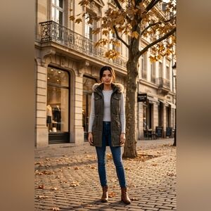 Stylish Olive Green Hooded Vest with Fur Trim Size M